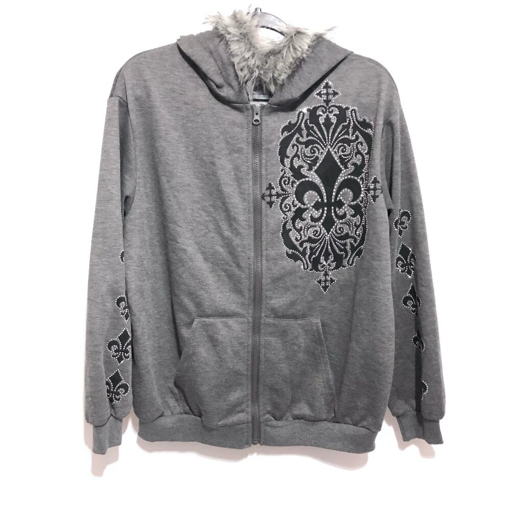 Romwe Full Zip Lighweight Hoodie, Gray with Black design, Size Small